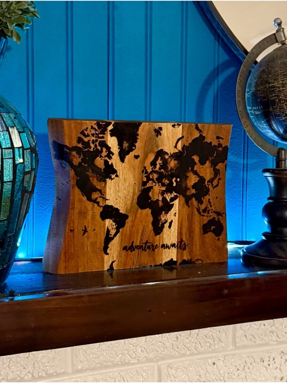 Wooden World Map Engraved Decor 'Adventure Awaits'